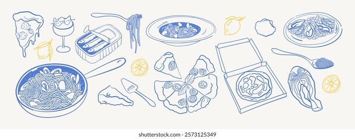  Hand-drawn naive doodle graphics of mediterranean food, pizza, glasses, Italian pasta. Whimsical vector line clipart in trendy dolce vita style. Elegant illustration for invitations, menus, branding.