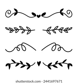 A hand-drawn name divider featuring arrows, leaves, hearts, swirls, and abstract shapes with thick lines for school notebooks, work, dividing texts. Vector illustration in black and white.