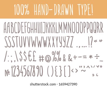 Hand-drawn narrow type with Latin capital letters, digits, punctuation, and other symbols and signs.