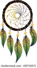 Hand-drawn native american dream catcher with osier, yellow-green feathers and  yellow and pink beads on a white background. Ethnic illustration, tribal