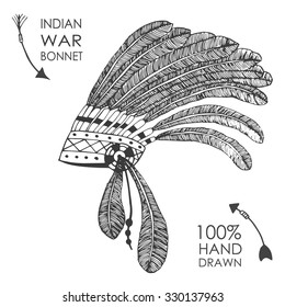 Hand-drawn native American indian chief headdress with feathers. Sketch style. Tribal vector illustration.