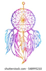 Hand-drawn Native American mascot Dreamcatcher with feathers. Vector hipster illustration isolated. Ethnic design, Boho chic, tribal symbol. Printing on T-shirt, souvenir, mugs, cloth. Handmade.
