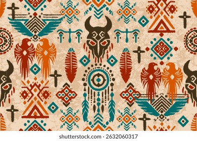 Hand-drawn Native American tribal pattern. Motif ethnic handmade beautiful Ikat art. Ethnic Ikat abstract background art. Ethnic Navajo Southwestern decor style. Boho geometric ornament.