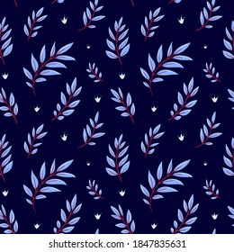 The hand-drawn natural pattern in cool tones. Winter seamless pattern. Red twigs with light blue leaves on a dark blue background. Decorative background for textiles, packaging, prints.