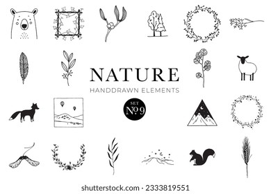 Handdrawn nature elements, Doodle illustrations, Natural drawings