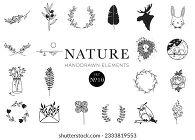 Handdrawn nature elements, Doodle illustrations, Natural drawings
