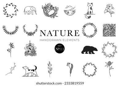 Handdrawn nature elements, Doodle illustrations, Natural drawings