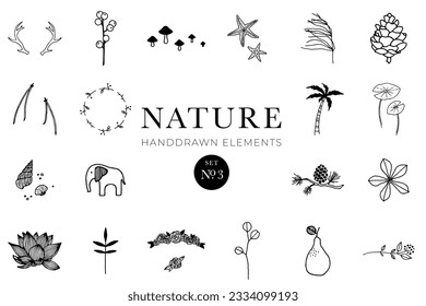 Handdrawn nature elements, Doodle illustrations, Natural drawings