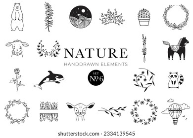 Handdrawn nature elements, Doodle illustrations, Natural drawings