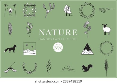 Handdrawn nature elements, Doodle illustrations, Natural drawings