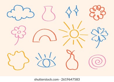 Hand-drawn nature elements set, doodle clouds, sun, flowers, abstract minimal line art collection. Colorful hand-drawn set of nature elements including clouds, sun, flowers, and abstract shapes