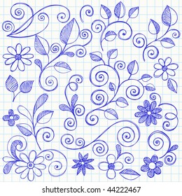 Hand-Drawn Nature Leaves and Swirls Sketchy Doodles Design Elements on Graph (Grid) Notebook Paper Vector Illustration