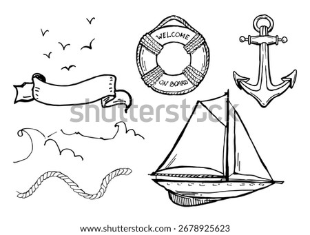 Hand-drawn nautical doodle set in engraving style: ship, waves, anchor, rope, lifebuoy with “welcome on board”, birds and banner. Black and white sketch for vintage marine design