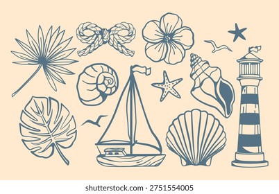 Hand-drawn nautical elements collection featuring seashells, starfish, sailboat, lighthouse and florals. Monochrome line art doodles with nostalgic retro vibe. Isolated vector elements.