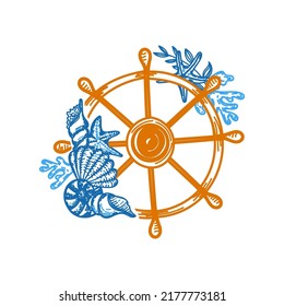 Hand-drawn nautical helm in sketch style. An element of decor. Ship's helm with sea shells, coral and seaweed. Office. Isolated vector on white background. Vector simple illustration.