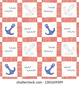 Hand-Drawn Nautical Plaid with Anchors and Waves Vector Seamless Pattern. Marine Background