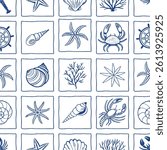 Hand-Drawn Nautical Seamless Pattern with Blue and White Marine Icons