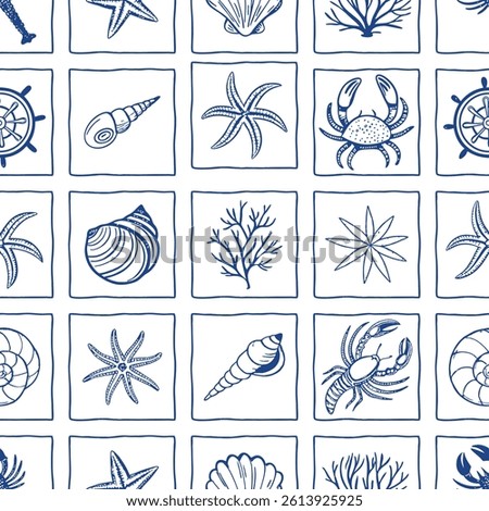 Hand-Drawn Nautical Seamless Pattern with Blue and White Marine Icons