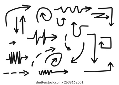 Handdrawn navigation arrow doodle dynamic curves. Doodles zigzag lines and motion paths