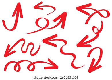 Hand-drawn navy blue arrows collection. Diverse directional elements including curved, wavy, spiral, straight, and zigzag arrows on white background. Perfect for presentations, infographics, flowchart