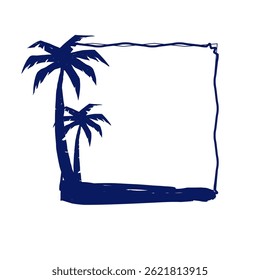 Hand-drawn navy silhouette of a tropical island with two palm trees. Stylized doodle illustration with textured ink effect, perfect for beach graphics, exotic summer visuals, stickers, and isolated de