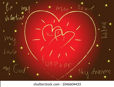 Hand-drawn neon abstract background with three hearts on a red background