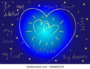 Hand-drawn neon abstract background with three hearts on a blue background