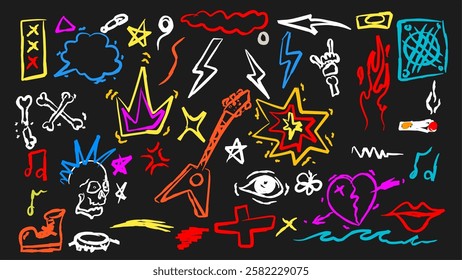 Hand-drawn neon doodles rock and punk symbols like skulls, guitars, lightning bolts, hearts, and flames. Bold, vibrant, and rebellious street art style