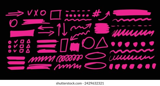 Hand-drawn neon marker highlighters, underline, lines, round, arrows, punctuation marks, tick marks and sketch. Highlighters, hand drawn underline.