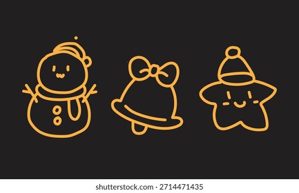 Esquemas de neón dibujados a mano de un bastón de caramelo, un hombre de jengibre y un árbol de Navidad de color amarillo brillante sobre un fondo oscuro.