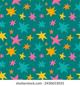 Hand-drawn neon pink, yellow, orange and teal stars on dark turquoise background seamless vector pattern. Creative colorful texture for printing on fabric, wrapping, textile, wallpaper, apparel etc...