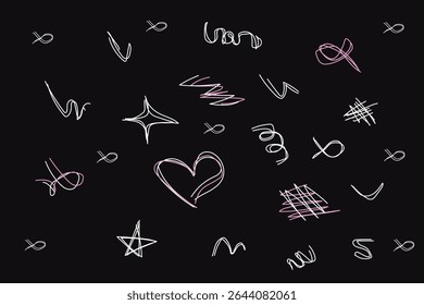 Hand-drawn neon-style doodles including stars, hearts, and random squiggles on a black background, with a fun and creative vibe.