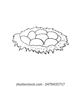Hand-drawn Nest with eggs. Food illustration isolated on white background. 