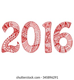 Hand-drawn New Year 2016 numerals with ornate unique pattern in zentangle style. Red and white illustration