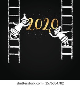 Hand-drawn New Year card. Two Santa Claus standing in the stairs writing golden chalk with numbers of 2020.Vector retro background drawn in chalk on a blackboard.