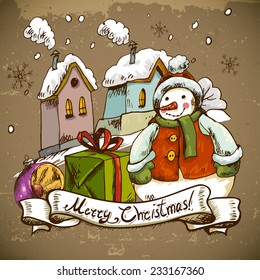 Hand-drawn New Year and Christmas Greeting Card. Vector Illustration. Design Elements with with snowman, gifts and houses