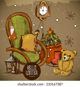 Hand-drawn New Year and Christmas Greeting Card. Vector Illustration. Design Elements with Christmas tree, gifts, skates,clock, chair, Santa Claus, flashlight, teddy 