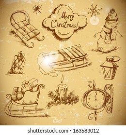 Hand-drawn New Year and Christmas set in vintage style