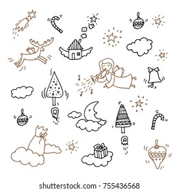Hand-drawn new year and Christmas set with holiday symbols: Christmas tree, sweets, stars, angel with a trumpet, reindeer, sack of presents. For postcards, invitations, posters