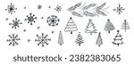 Hand-drawn New Year and Christmas trees and snowflakes. Vector.