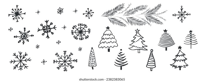 Años nuevos hechos a mano y árboles de Navidad y copos de nieve. Vector.