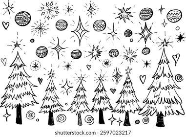  Hand-drawn New Year and Christmas trees and snowflakes.Doodle vector illustration