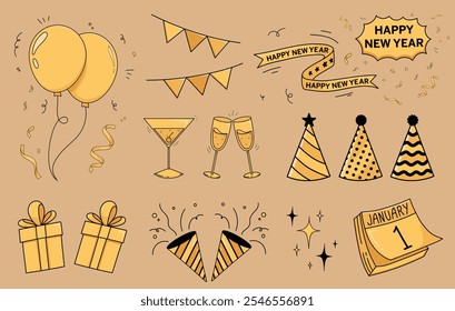 Handgezeichnete Silvester- und Weihnachtsabend-Goldsymbole. Symbolsatz für Veranstaltungen, Einladungen, Partys und Feiern.  