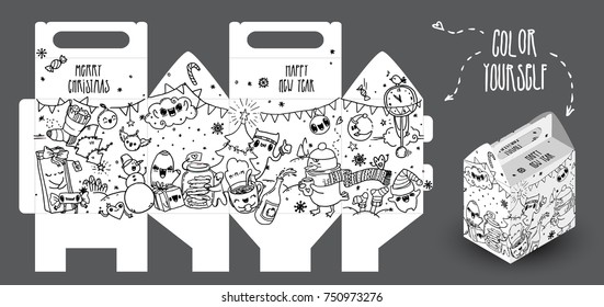 Hand-drawn new year gift box with funny doodles. It can be colored by you or your kids. Template candies pack for kids.