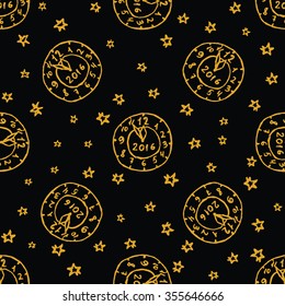 Handdrawn New Year's seamless pattern with golden clock and stars on black background. Vector illustration for New Year design.