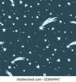 Hand-drawn night sky seamless pattern with shooting stars. Seamless pattern is great for wallpaper, wrapping paper, textile, web page background design.