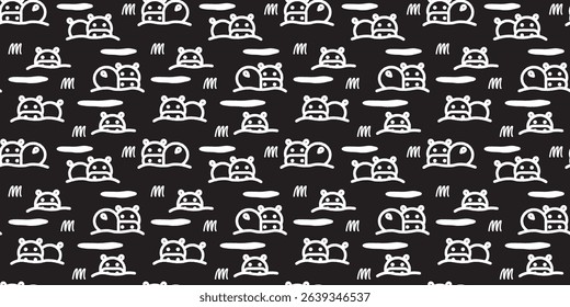 Hand-Drawn Nordic Hippo and Animals Seamless Pattern