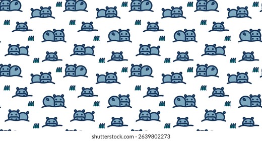 Hand-Drawn Nordic Hippo and Animals Seamless Pattern
