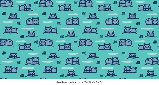 Hand-Drawn Nordic Hippo and Animals Seamless Pattern