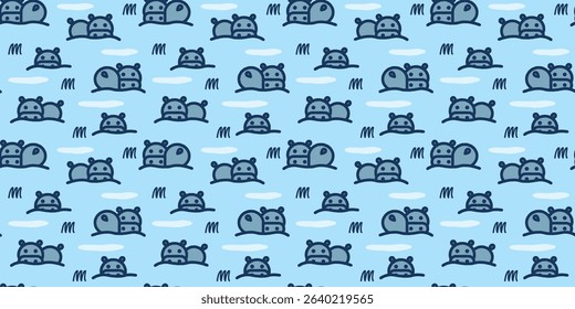 Hand-Drawn Nordic Hippo and Animals Seamless Pattern